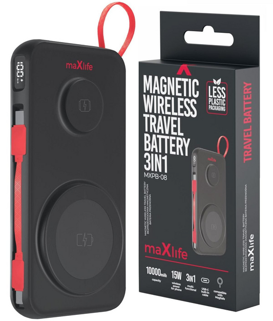 Spoljna bežična baterija MaXlife MXPB-08, 10000mAh, 22.5W, QC + PD + FQI + QI, 1 x USB-A - 1 x USB-C - 2 x QI, Crna