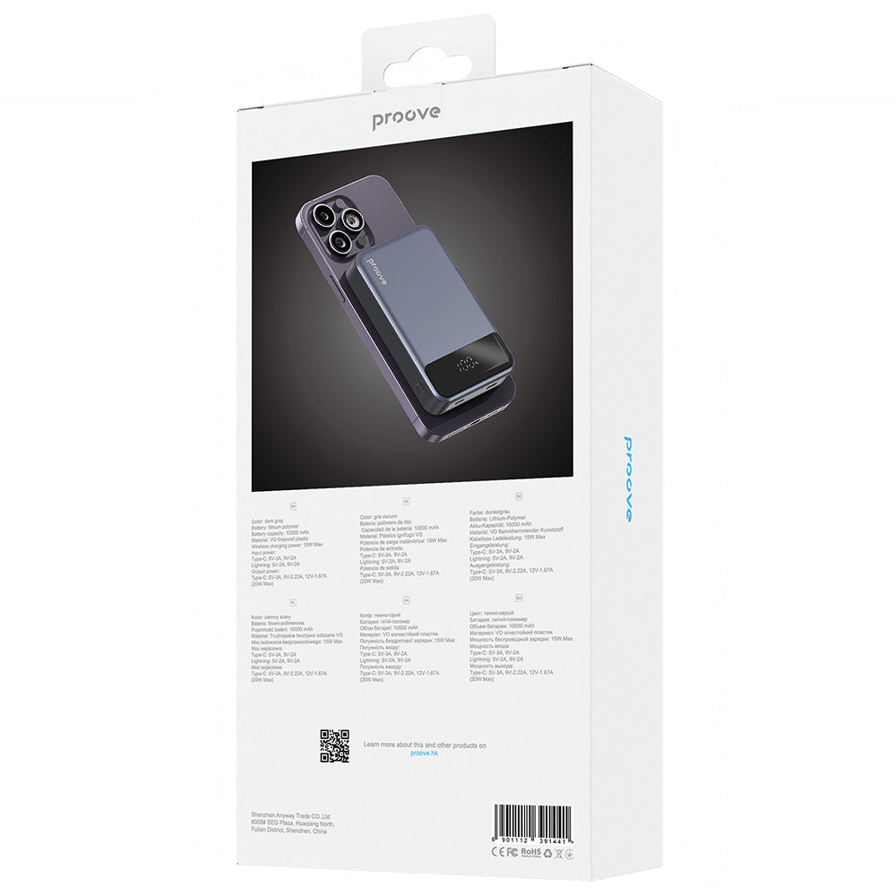 Spoljna bežična baterija Proove Hoodman, 10000mAh, 20W, PD + FQI, 1 x QI - 1 x USB-C, Siva PBH120010003