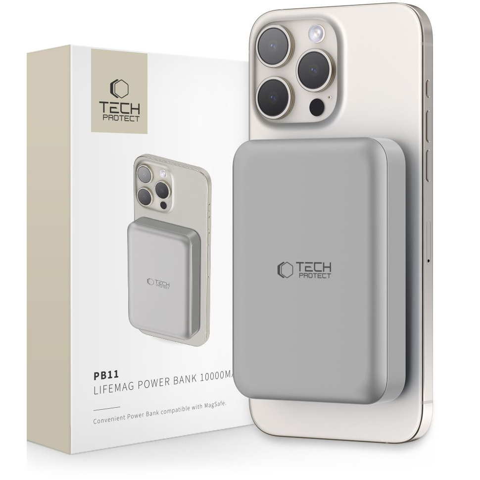 Bežična Eksterna Baterija Tech-Protect PB11 LifeMag, 10000mAh, 15W, PD + FQI, 1 x QI - 1 x USB-C, Siva, Ponovo zapečaćena