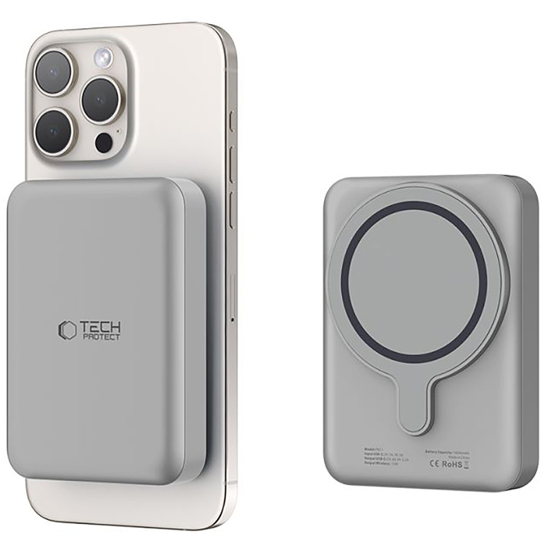 Bežična Eksterna Baterija Tech-Protect PB11 LifeMag, 10000mAh, 15W, PD + FQI, 1 x QI - 1 x USB-C, Siva, Ponovo zapečaćena