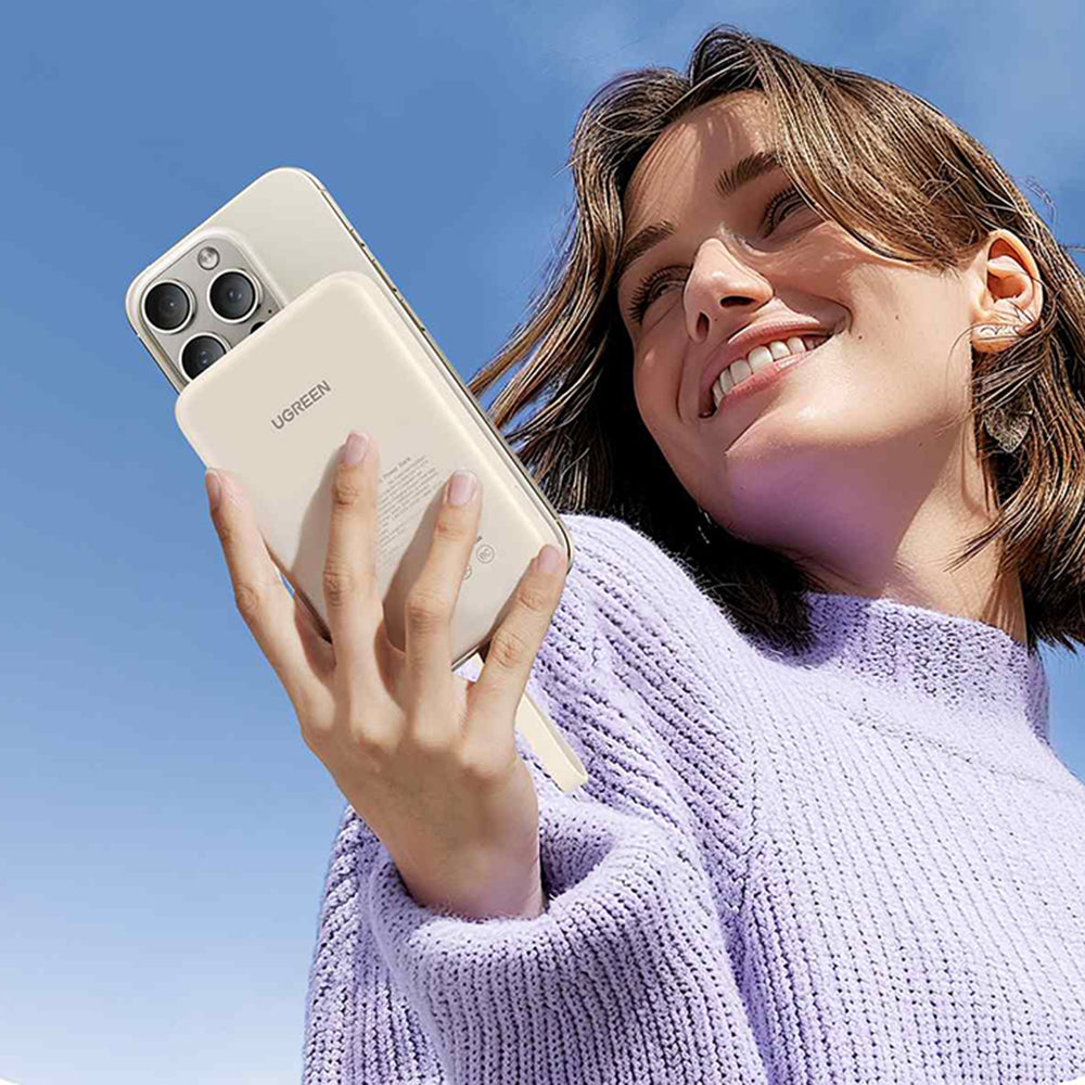 Spoljna bežična baterija UGREEN PB760, 10000mAh, 20W, PD + FQI, 1 x QI - 1 x USB-C, Bež