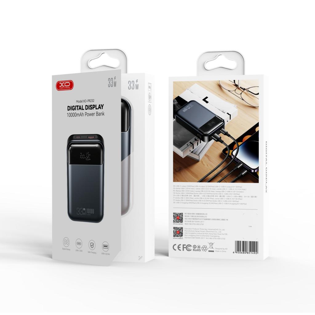 Spoljna baterija XO Design PR232, 10000mAh, 33W, QC + PD, 1 x USB-A - 1 x USB-C, Crna