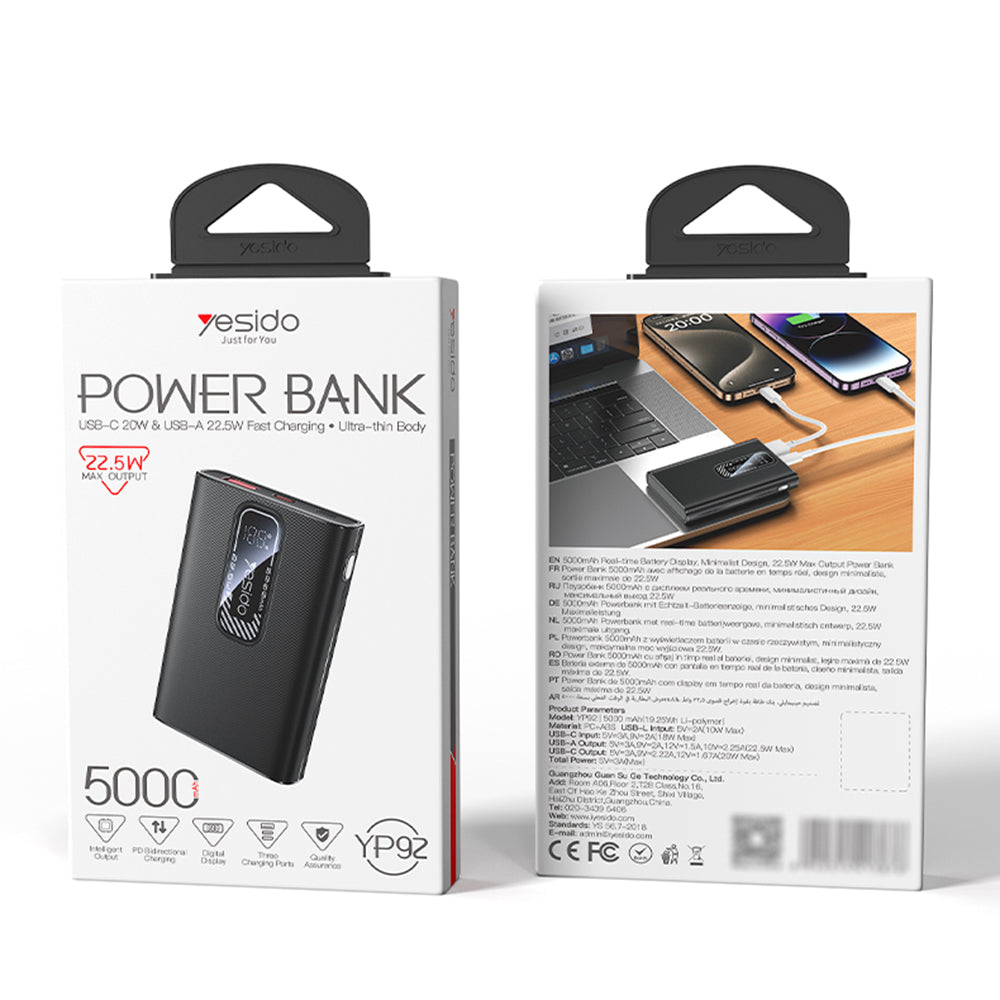 Spoljna baterija Yesido YP92, 5000mAh, 22.5W, QC + PD, 1 x USB-A - 1 x USB-C, Crna