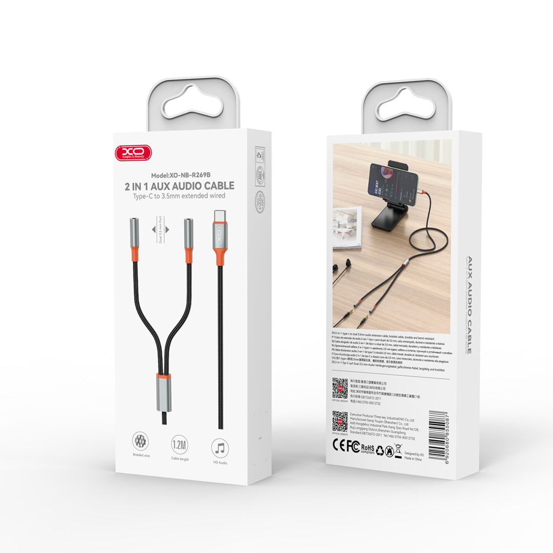 Audio Splitter kabl USB-C - 2 x 3.5mm XO Design NB-R269B 2in1, 1.2m, Crn