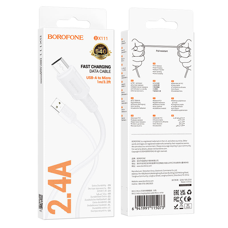 Kabl za Prenos Podataka i Punjenje USB-A - microUSB Borofone BX111 Feliz, 18W, 1m, Beli