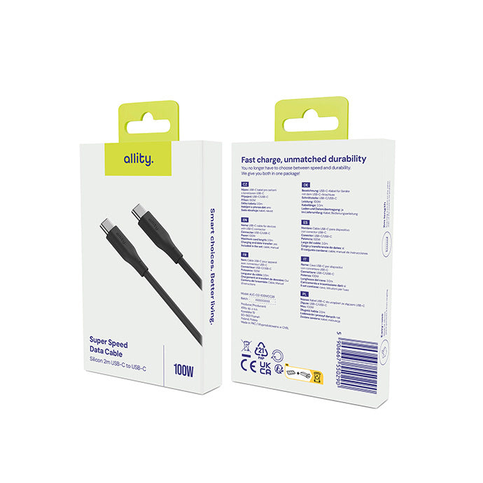 Kabl za podatke i punjenje USB-C - USB-C Allity. AUC-02, 100W, 2m, Crni