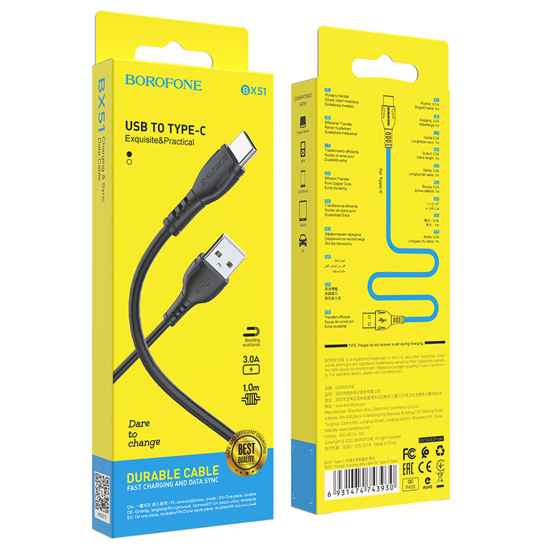 Kabl za prenos podataka i punjenje USB-A - USB-C Borofone BX51 Triumph, 20W, 1m, Crni