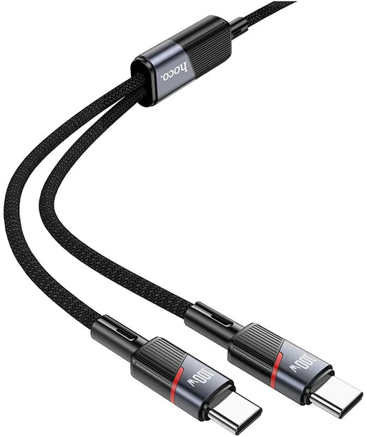 Kabl za prenos podataka i punjenje USB-C - 2 x USB-C HOCO U139 2u1, 100W, 1.2m, Crni
