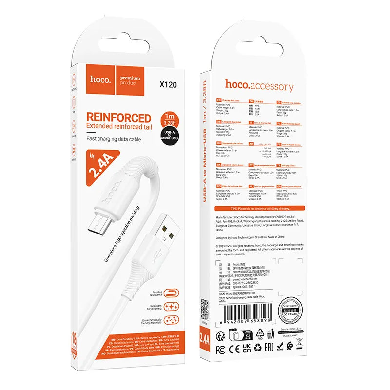 Kabl za podatke i punjenje USB-A - microUSB HOCO X120, 18W, 1m, Bela