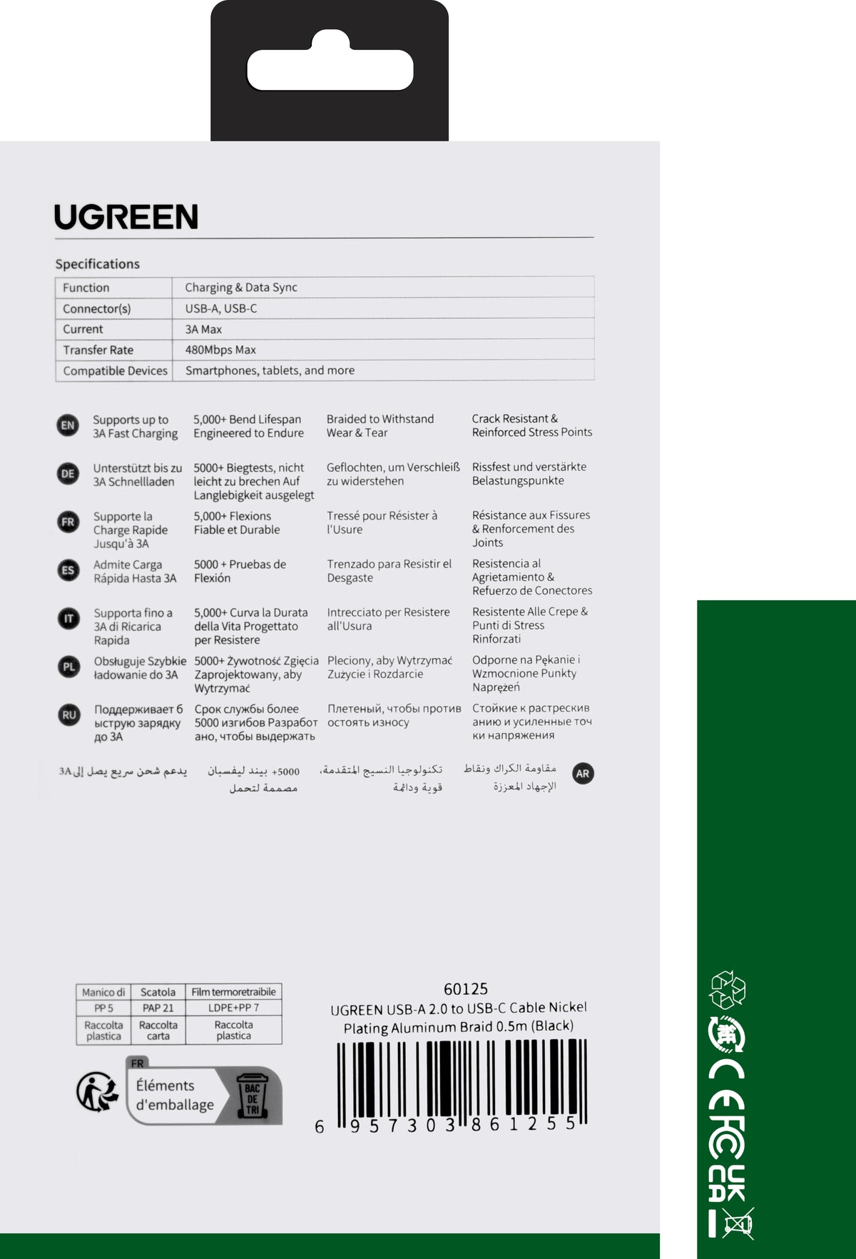 Kabl za podatke i punjenje USB-A - USB-C UGREEN US288, 18W, 0.5m, Crni