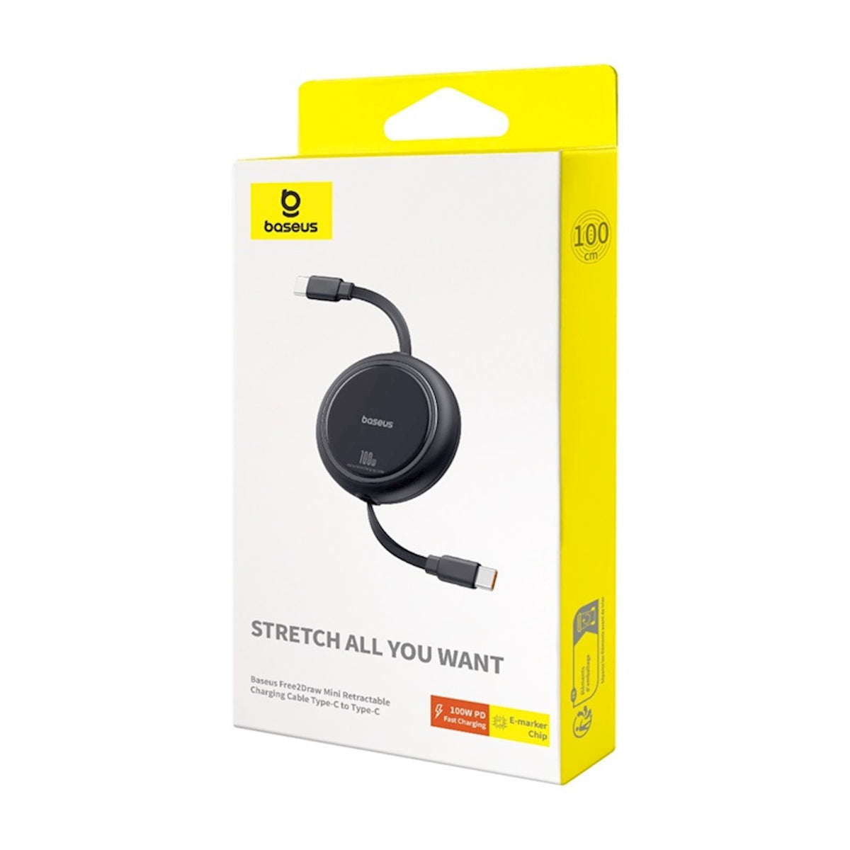 Kabl za Prenos Podataka i Punjenje USB-C - USB-C Baseus Free2Draw Mini Povlačni, 100W, 1m, Crni P10364500111-00