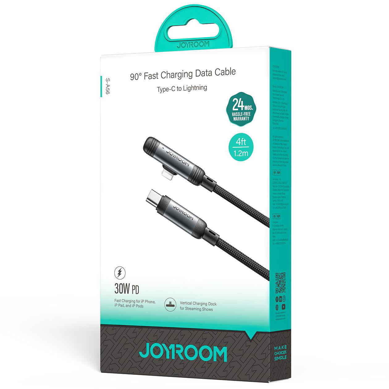 Kabl za prenos podataka i punjenje USB-C - Lightning Joyroom S-A56 EnjoyX Angled, 30W, 1.2m, Crni
