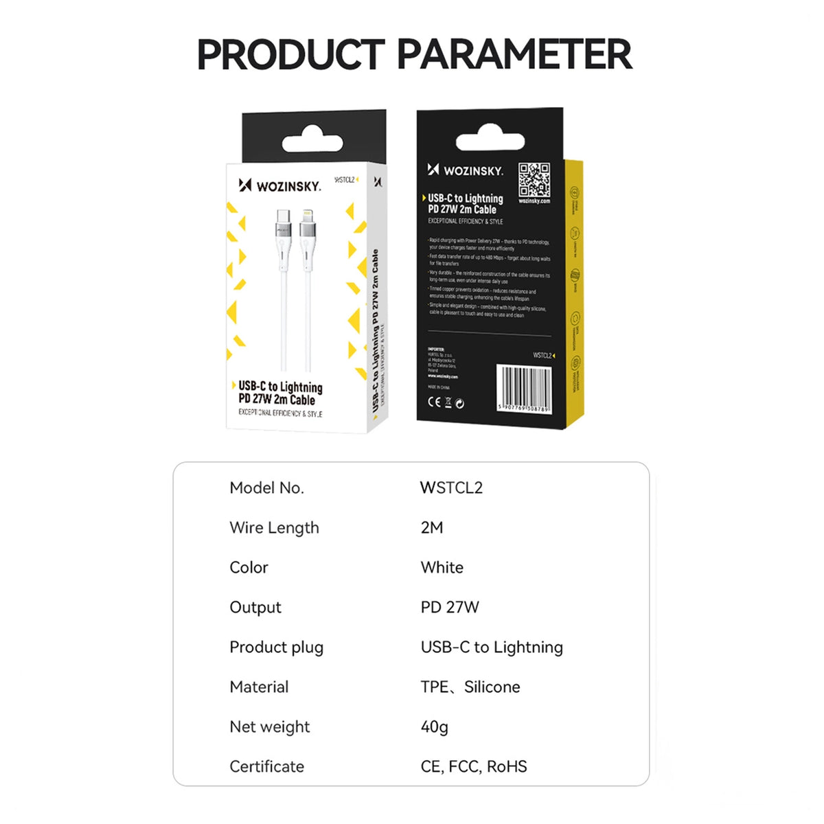 Kabl za podatke i punjenje USB-C - Lightning WZK WSTCL1, 27W, 1m, Beli
