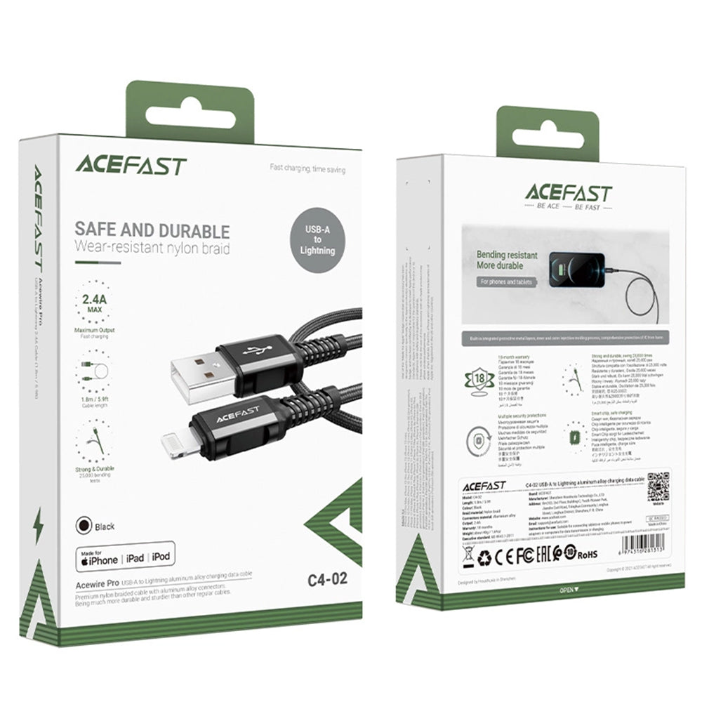 Kabl za prenos podataka i punjenje USB-A - Lightning Acefast C4-02, 18W, 1.8m, Crni