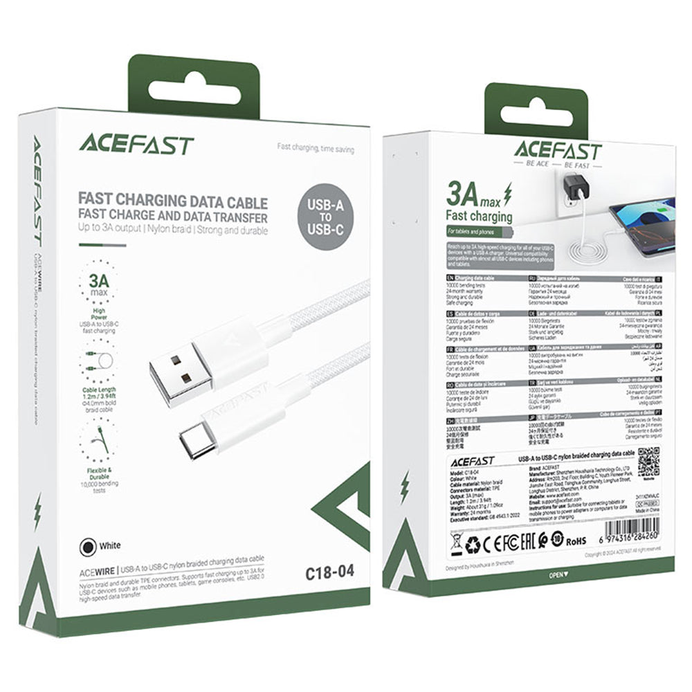 Kabl za prenos podataka i punjenje USB-A - USB-C Acefast C18-04, 18W, 1.2m, Beli