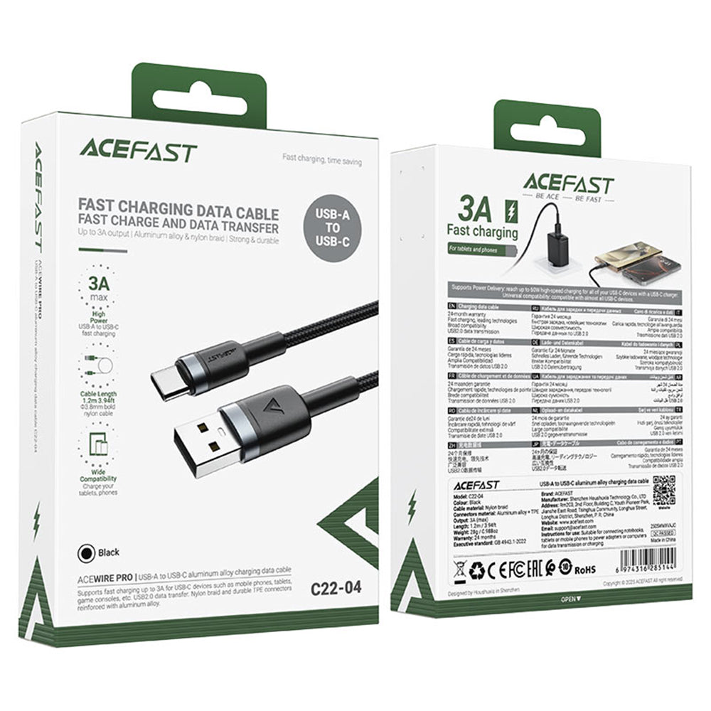 Kabl za prenos podataka i punjenje USB-A - USB-C Acefast C22-04, 18W, 1.2m, Crni