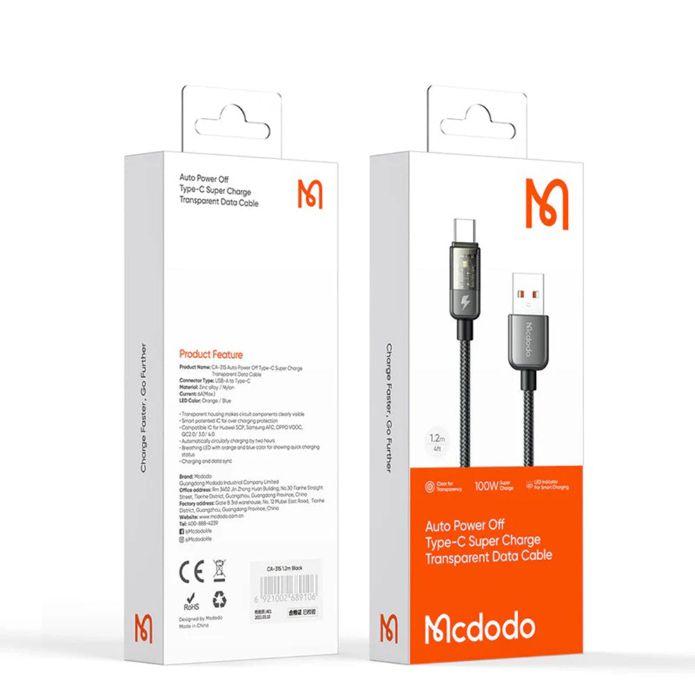 Kabl za prenos podataka i punjenje USB-A - USB-C McDodo CA-3150 Auto Power Off, 100W, 1.2m, Crni