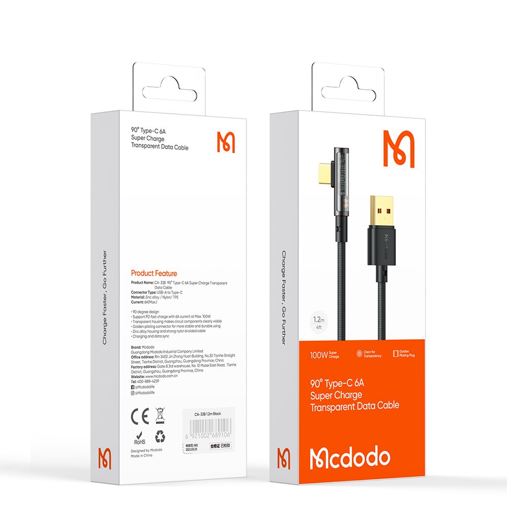 Kabl za prenos podataka i punjenje USB-A - USB-C McDodo CA-3380 Angled, 100W, 1.2m, Crni