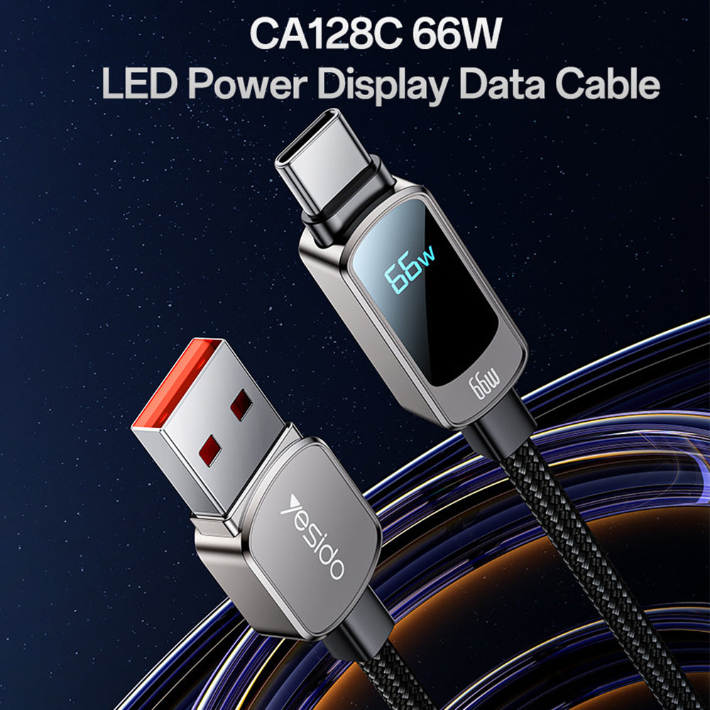 Kabl za prenos podataka i punjenje USB-A - USB-C Yesido CA128C Display, 66W, 1.2m, Crni