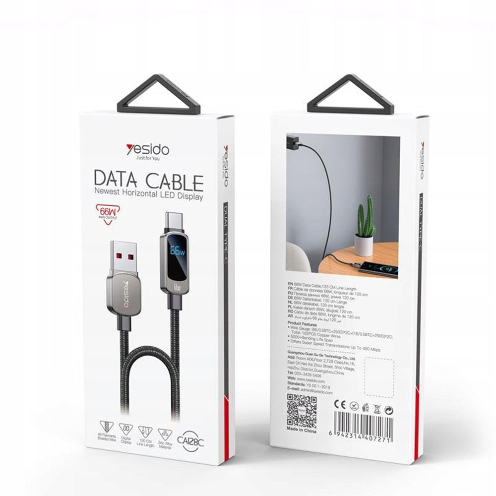 Kabl za prenos podataka i punjenje USB-A - USB-C Yesido CA128C Display, 66W, 1.2m, Crni