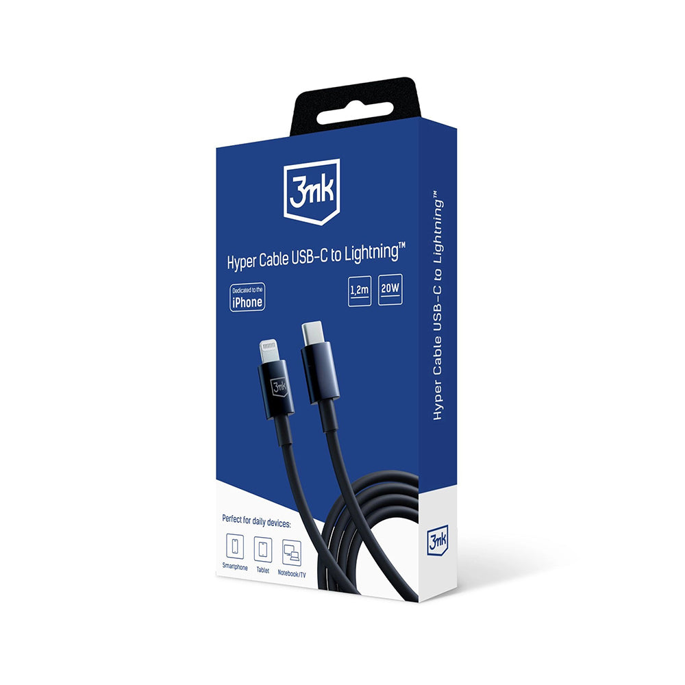Kabl za prenos podataka i punjenje USB-C - Lightning 3MK Hyper, 20W, 1.2m, Crni