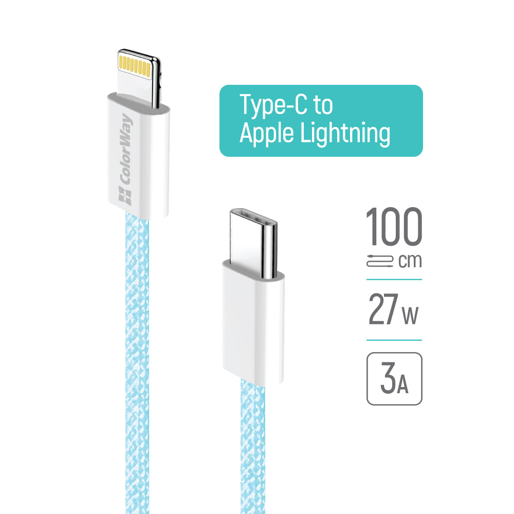 Kabl za prenos podataka i punjenje USB-C - Lightning ColorWay CW-CBPDCL061, 27W, 1m, Plavi