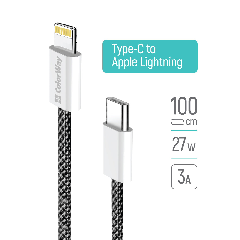Kabl za prenos podataka i punjenje USB-C - Lightning ColorWay CW-CBPDCL061, 27W, 1m, Crni