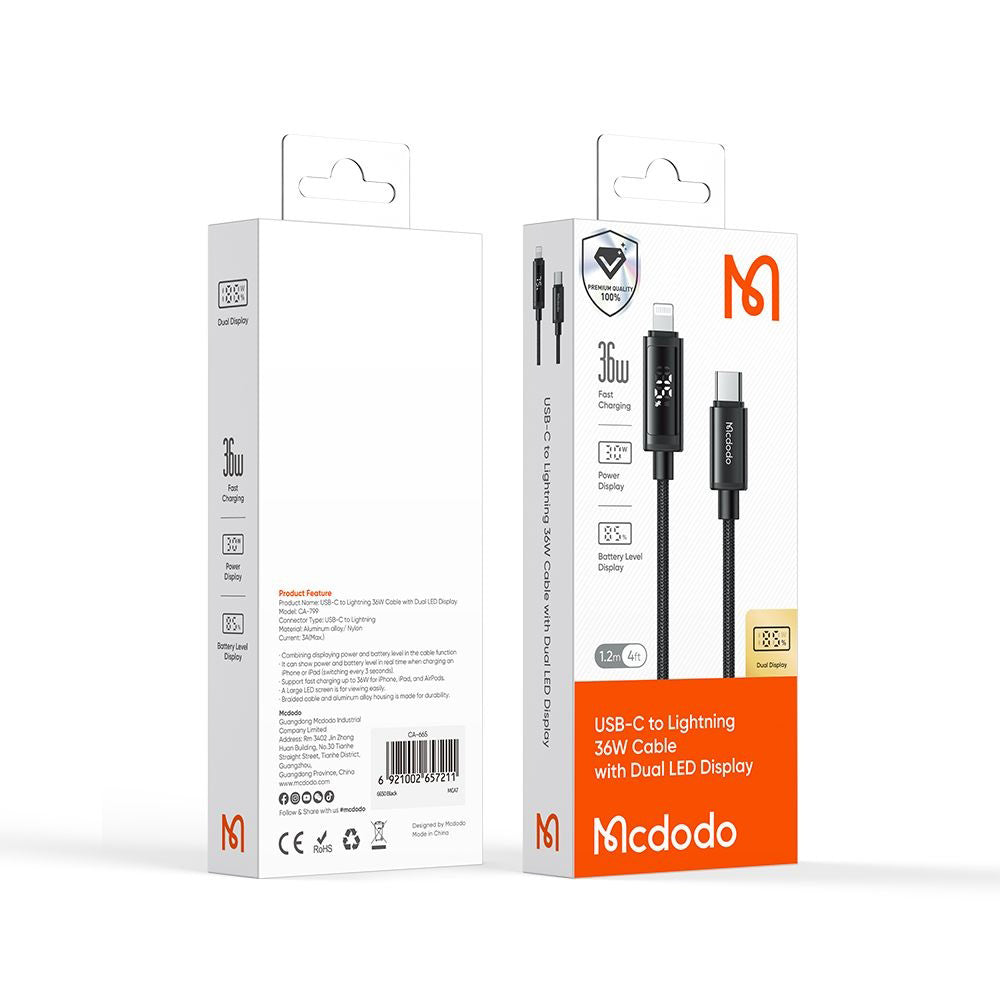 Kabl za podatke i punjenje USB-C - Lightning McDodo CA-7990 Display, 36W, 1.2m, Crni