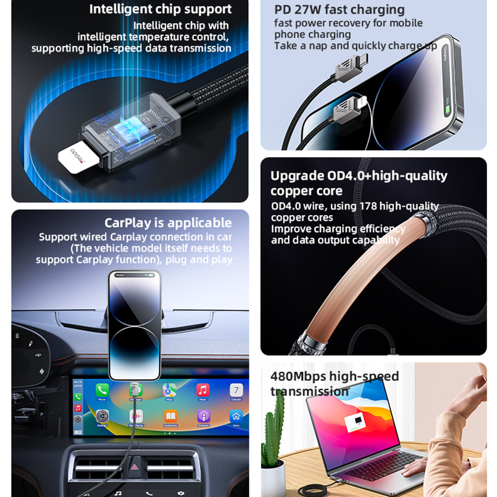 Kabl za podatke i punjenje USB-C - Lightning Yesido CA195, 27W, 1.2m, Crni