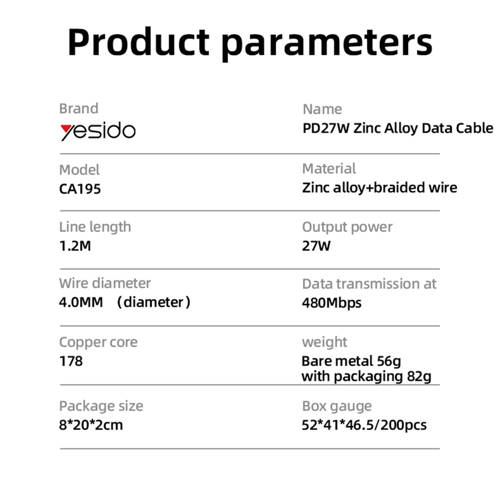 Kabl za podatke i punjenje USB-C - Lightning Yesido CA195, 27W, 1.2m, Crni