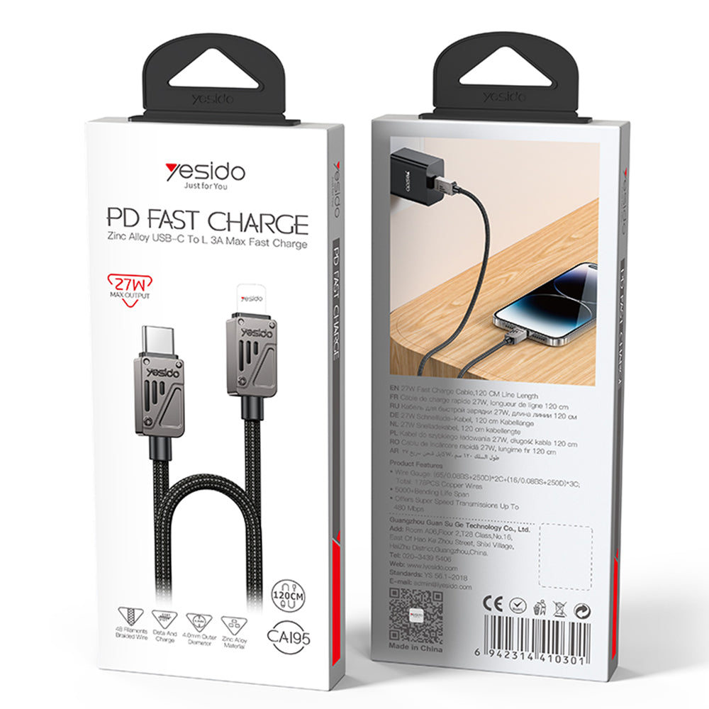 Kabl za podatke i punjenje USB-C - Lightning Yesido CA195, 27W, 1.2m, Crni
