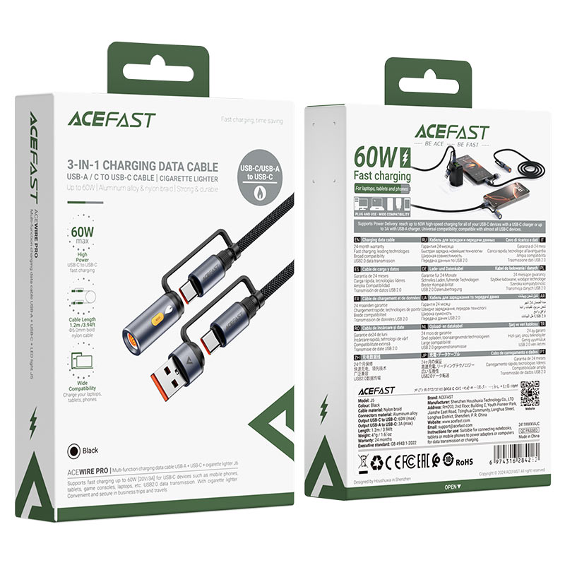Kabl za prenos podataka i punjenje USB-C / USB-A - USB-C / Električni upaljač Acefast J6, 60W, 1.2m, Crni