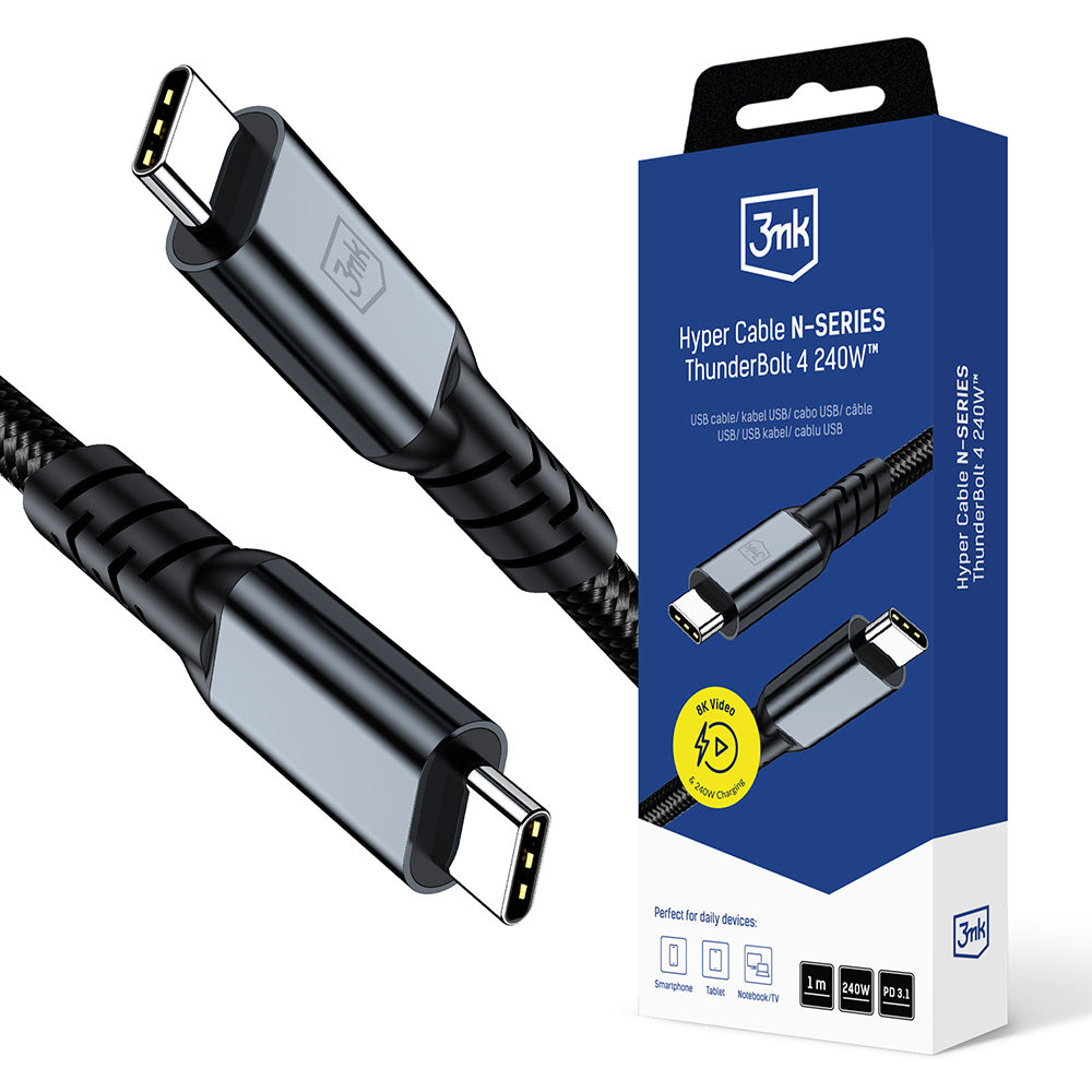 USB-C - USB-C kabl za prenos podataka i punjenje 3MK Hyper N Thunderbolt 4, 240W, 1m, Crni