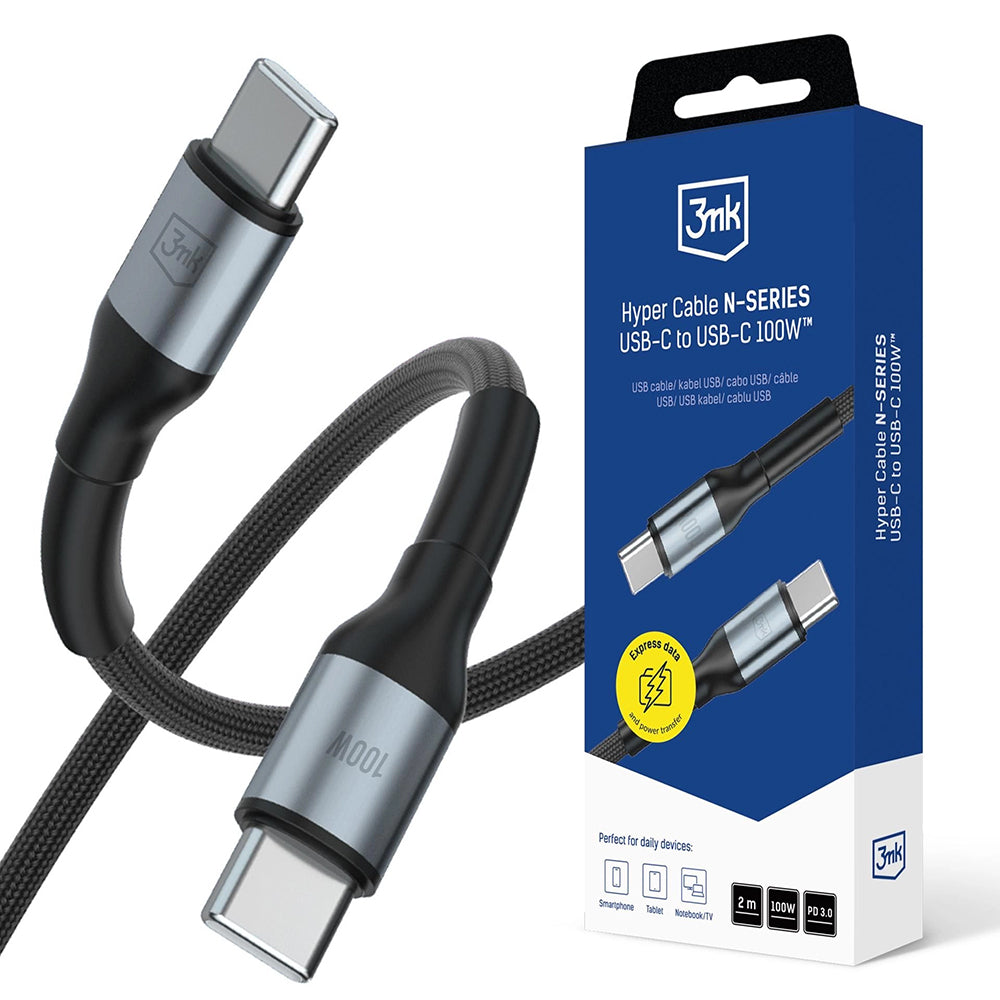 Kabl za prenos podataka i punjenje USB-C - USB-C 3MK Hyper N, 100W, 2m, Crni