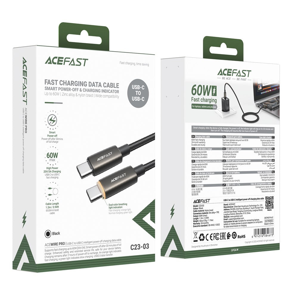 Kabl za prenos podataka i punjenje USB-C - USB-C Acefast C23-03, 60W, 1.2m, Crni