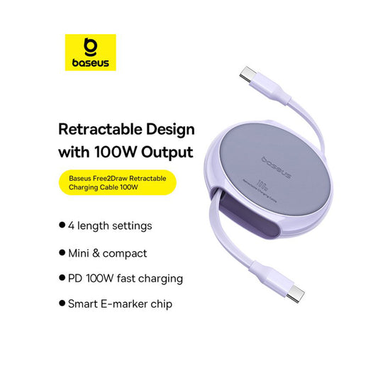 Kabl za prenos podataka i punjenje USB-C - USB-C Baseus Pathfinder Retractable, 100W, 1m, Ljubičasti P10368400511-00