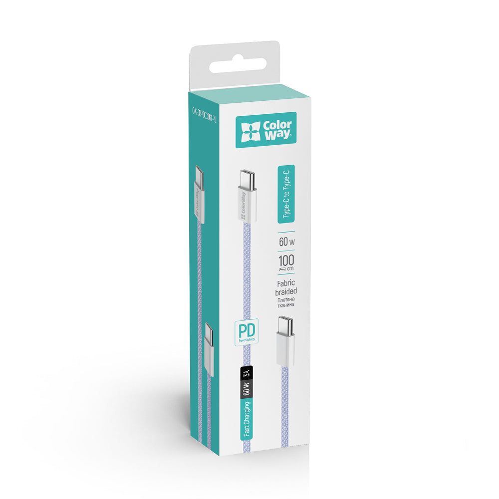 Kabl za prenos podataka i punjenje USB-C - USB-C ColorWay CW-CBPDCC061, 60W, 1m, Ljubičasti