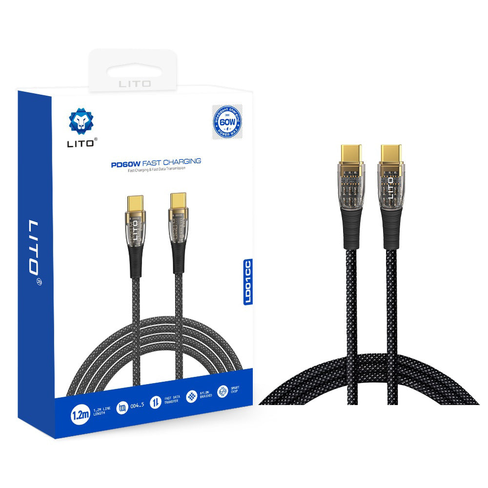 Kabl za podatke i punjenje USB-C - USB-C Lito LD01, 60W, 1.2m, Crni