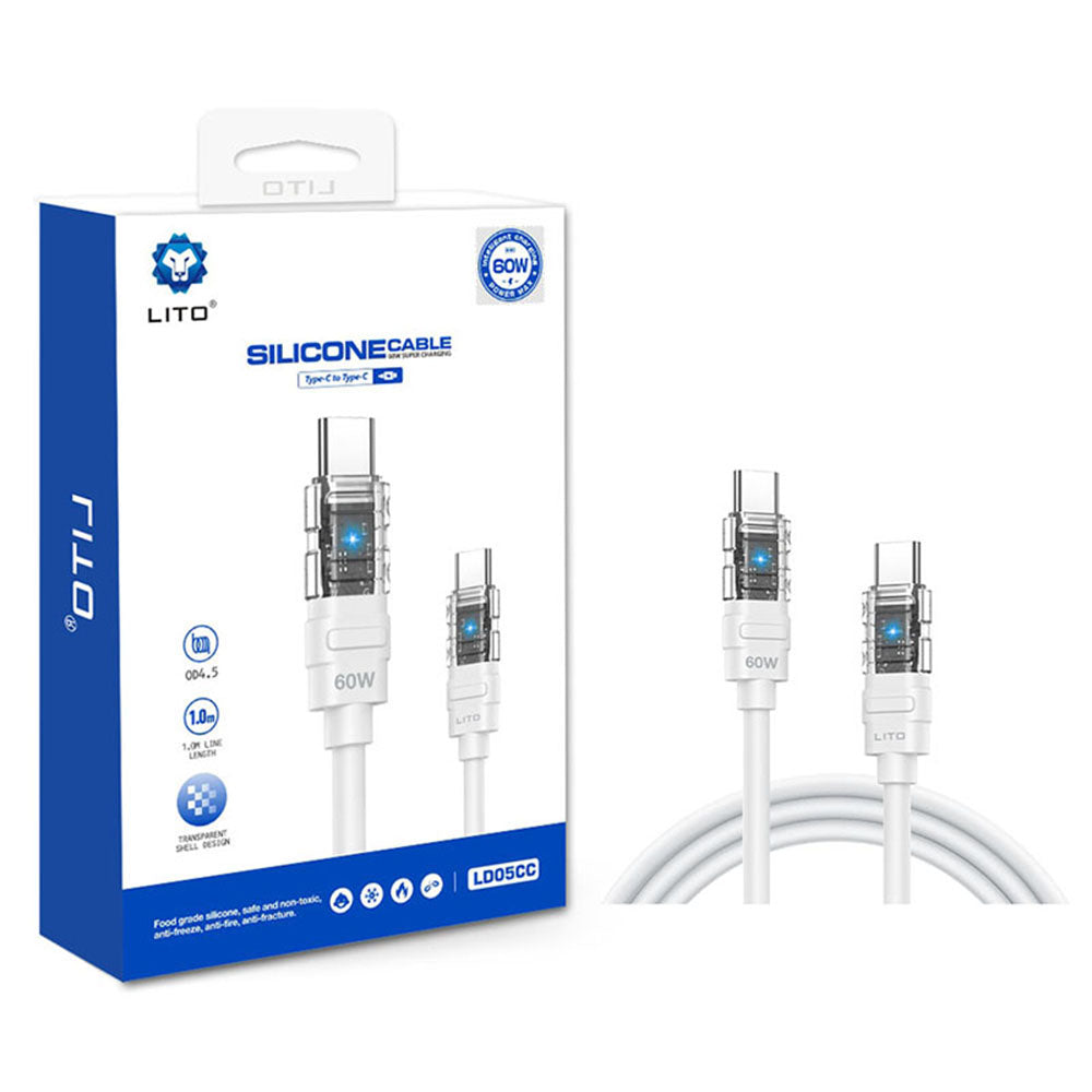 Kabl za Prenos Podataka i Punjenje USB-C - USB-C Lito LD05, 60W, 1m, Beli