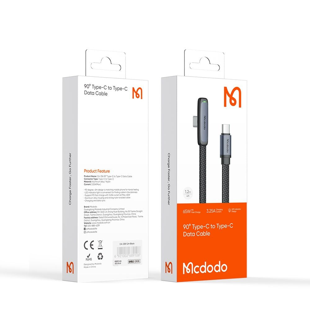 Kabl za podatke i punjenje USB-C - USB-C McDodo CA-3360 Angled, 65W, 1.2m, Crni