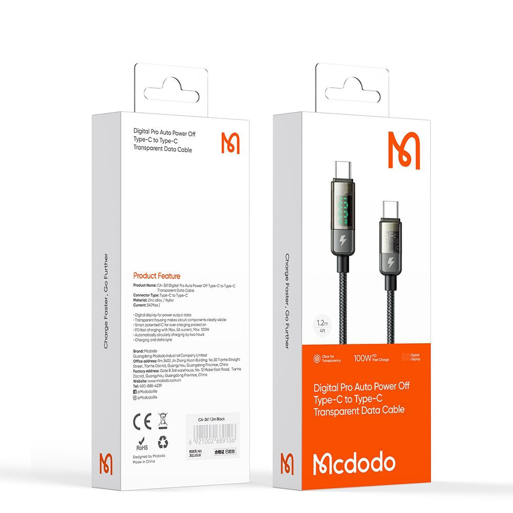 Kabl za prenos podataka i punjenje USB-C - USB-C McDodo CA-3610 Display Auto Power Off, 100W, 1.2m, Crni