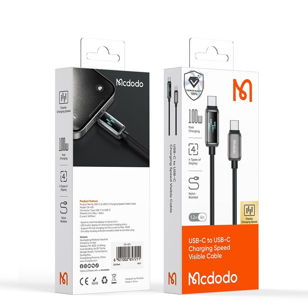 Kabl za Podatke i Punjenje USB-C - USB-C McDodo CA-4250 Display, 100W, 1.2m, Crni