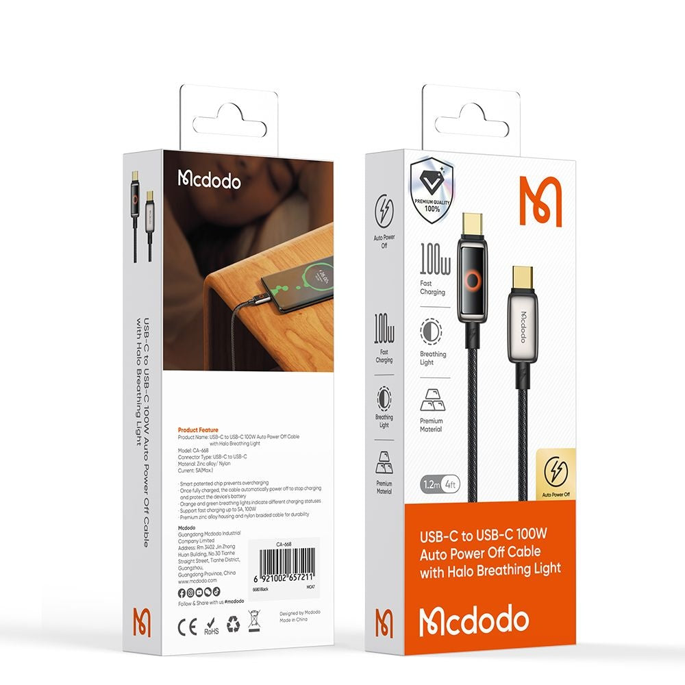 Kabl za Prenos Podataka i Punjenje USB-C - USB-C McDodo CA-6680 Auto Power Off, 100W, 1.2m, Crni