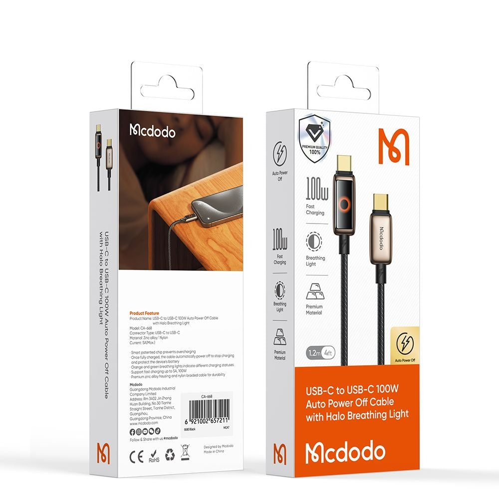 Kabl za podatke i punjenje USB-C - USB-C McDodo CA-6681 Auto Power Off, 100W, 1.2m, Zlatni