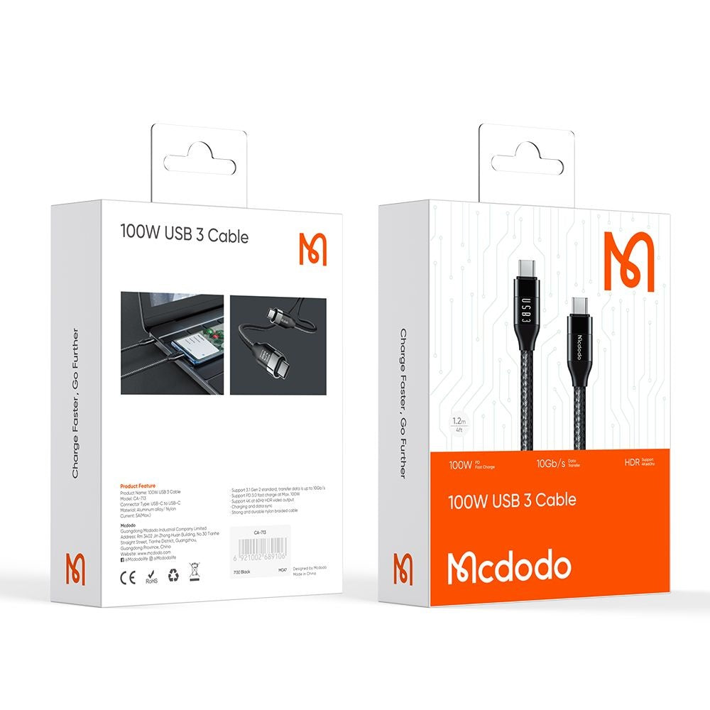 Kabl za podatke i punjenje USB-C - USB-C McDodo CA-7132, 100W, 1.2m, Crni