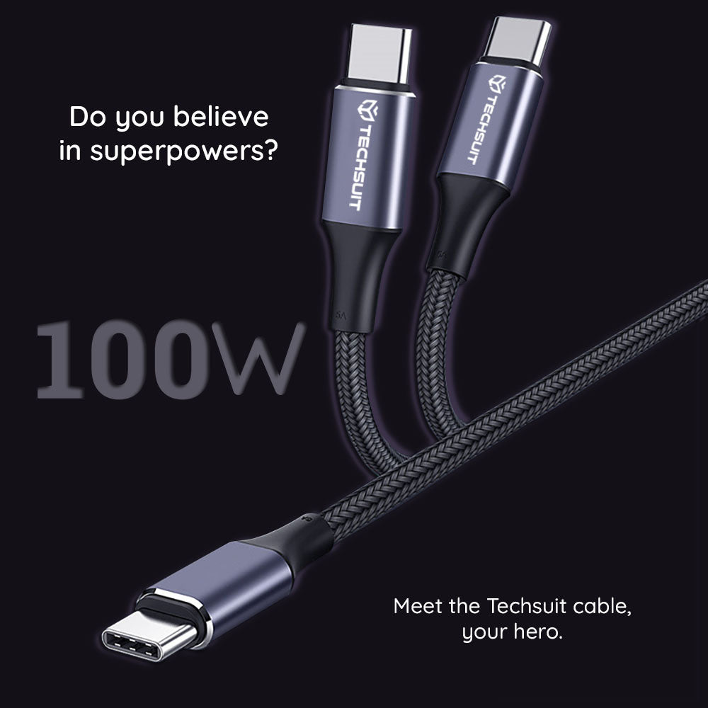 Kabl za Prenos Podataka i Punjenje USB-C - USB-C Techsuit PCB018, 100W, 1m, Crni