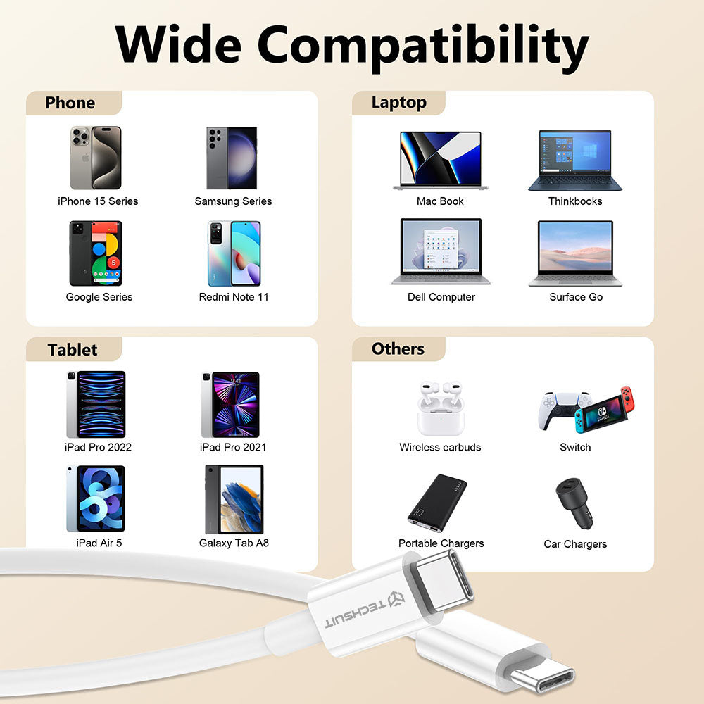 Kabl za prenos podataka i punjenje USB-C - USB-C Techsuit PCB130, 60W, 1m, Beli