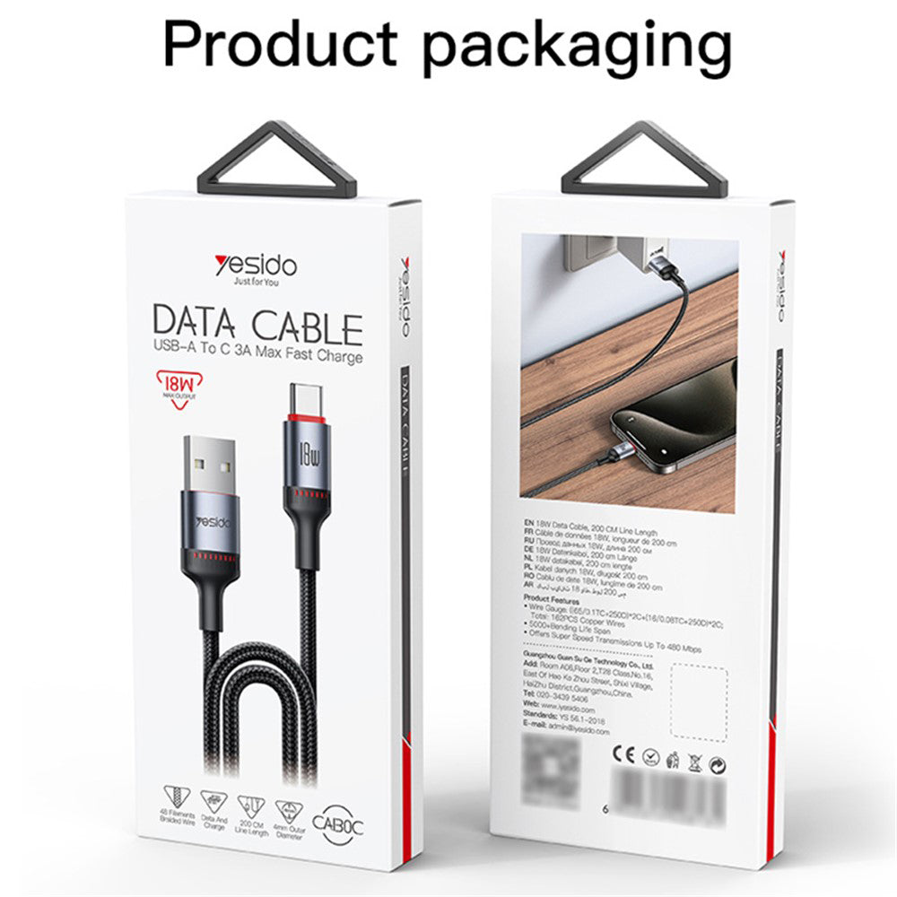 Kabl za prenos podataka i punjenje USB-C - USB-C Yesido CA183, 60W, 2m, Crni