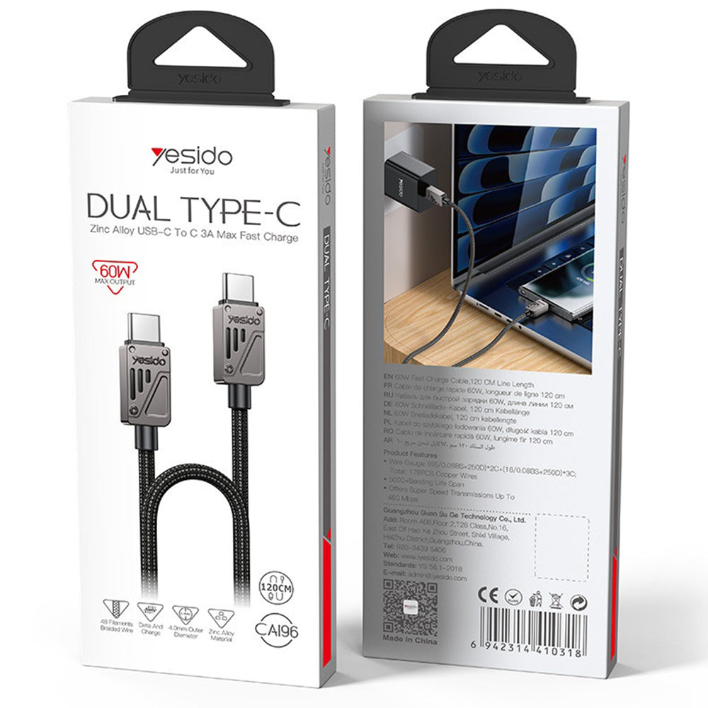 Kabl za prenos podataka i punjenje USB-C - USB-C Yesido CA196, 60W, 1.2m, Crni