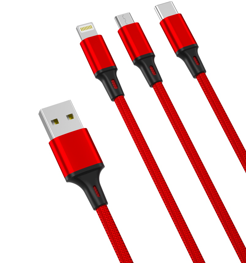 Kabl za punjenje USB-A - Lightning / microUSB / USB-C XO Design NB173 3in1, 18W, 1.2m, Crveni